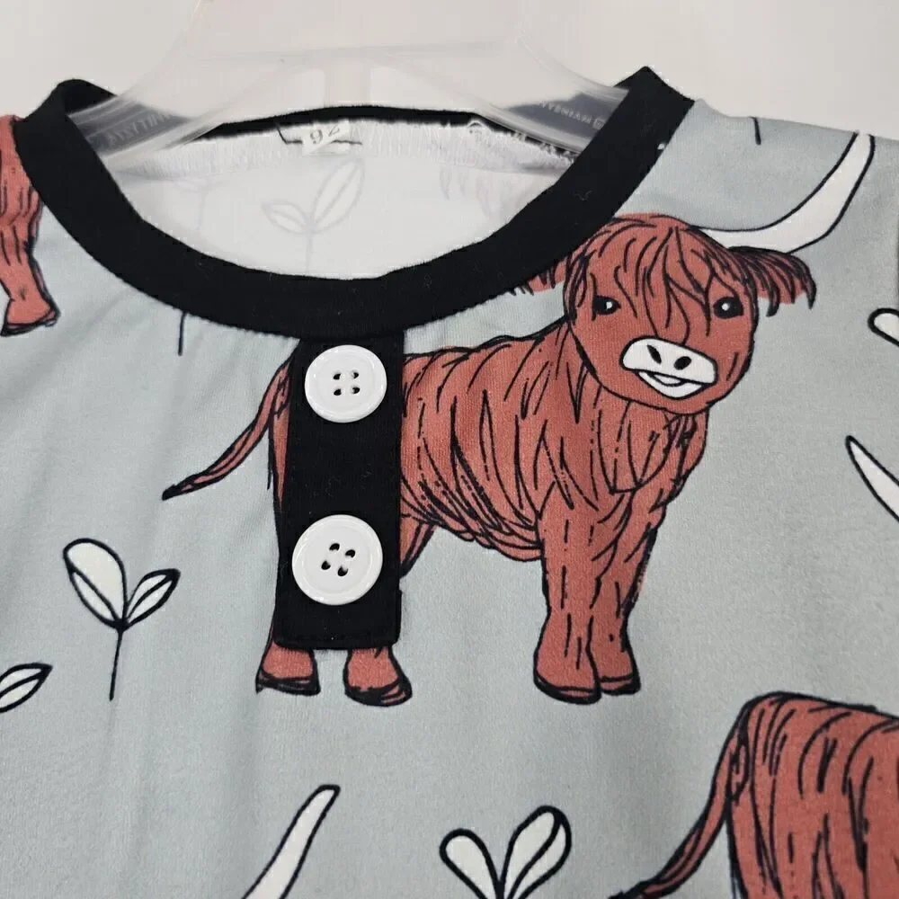 Highland Cow Pajama Blue/gray With Black Trim Brown Cow Print Pajama Set Size 92